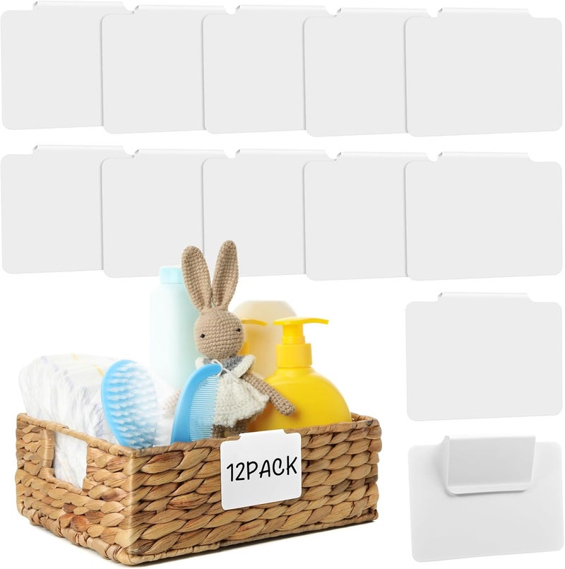 AUUTI 12pcs White Basket Labels Clip On for Storage Bins, Removable PVC Labels for Baskets with Holders, 3.5x2.7 Inches - Image 1